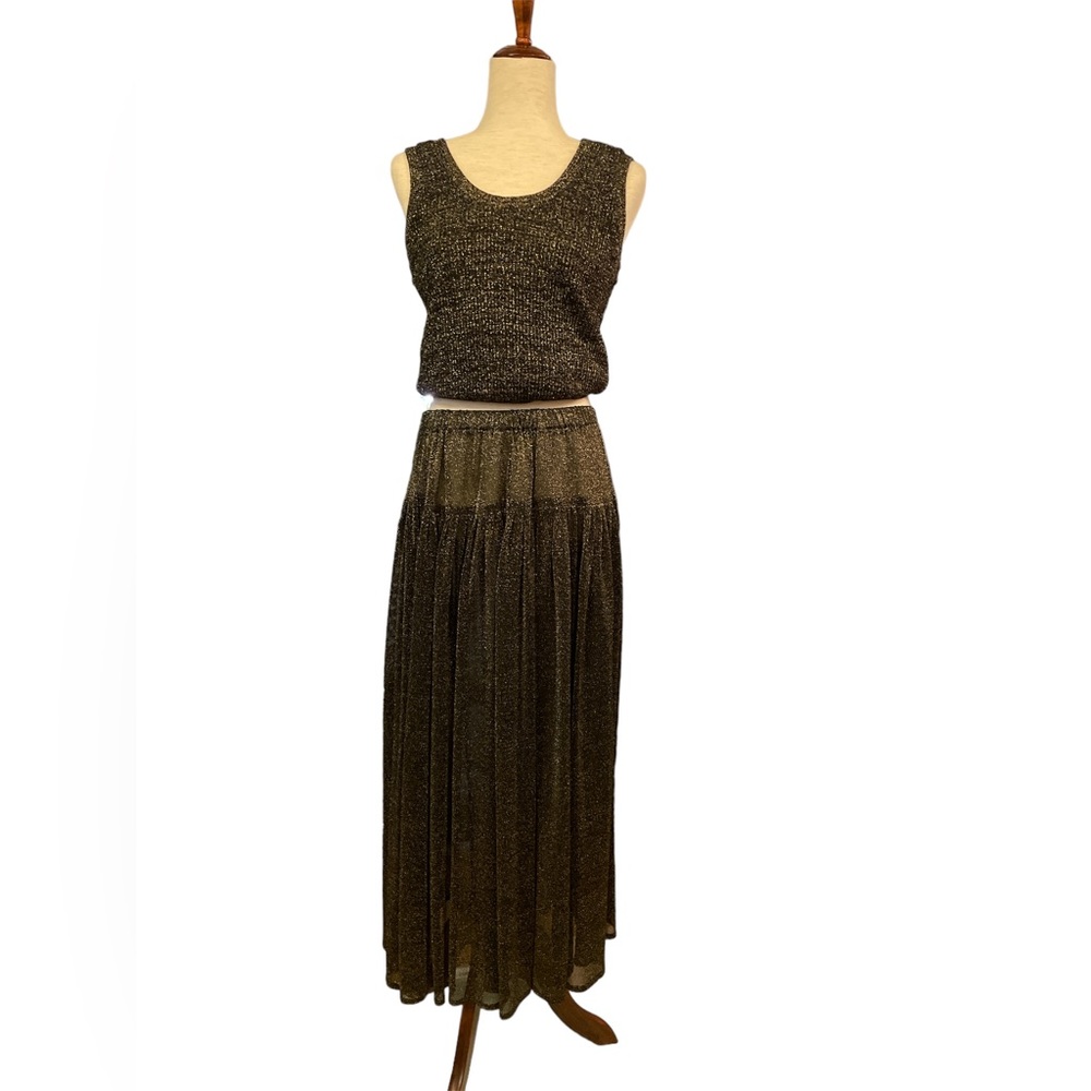 Vintage 2 Piece Tank & Full Skirt Black and Gold Sheer Holiday Matching Set S/M